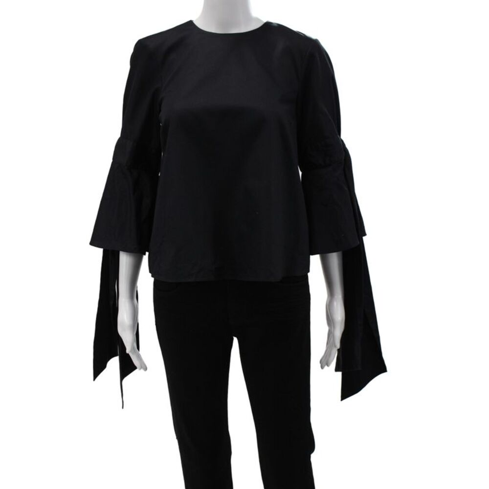 Prose & Poetry Womens Solid Black Round Neck Tie Long Sleeve Blouse Size XS